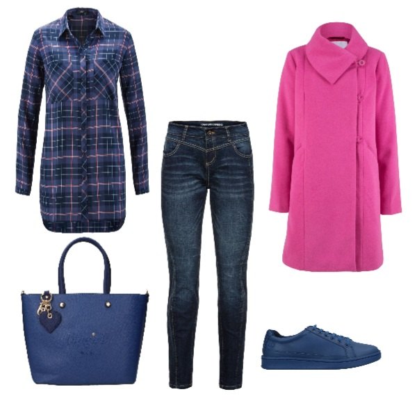 Outfit donna - Basic #17041. Stile Basic per Scuola/Università. Abbinamento con jeans boyfriend, tunica lunga blu, cappotto, sneakers tennis, borsa a mano con tracolla regolabile blu.