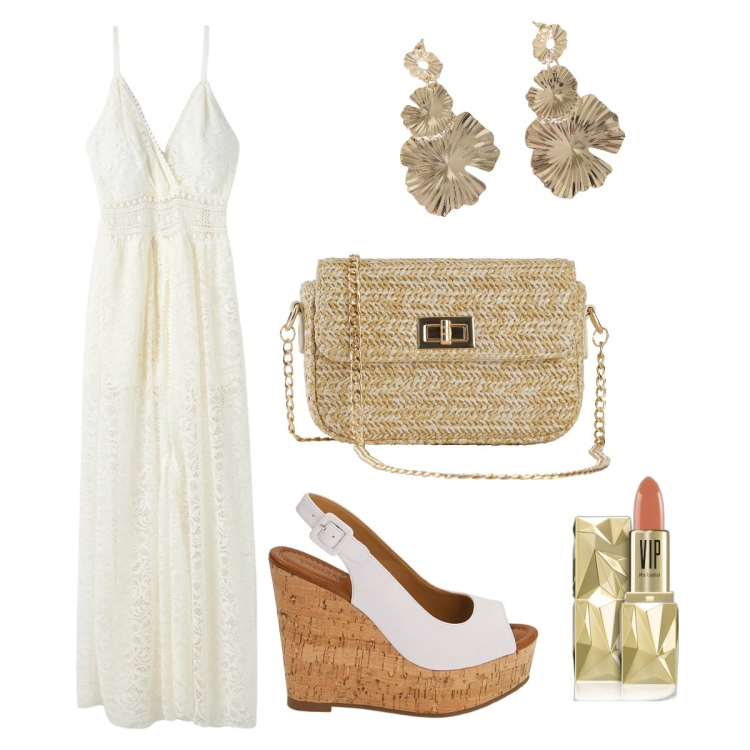 Outfit donna - Boho di sera. Stile Boho per Serata fuori. Abbinamento con borse a mano, rossetti, vestiti lunghi, zeppe, orecchini.