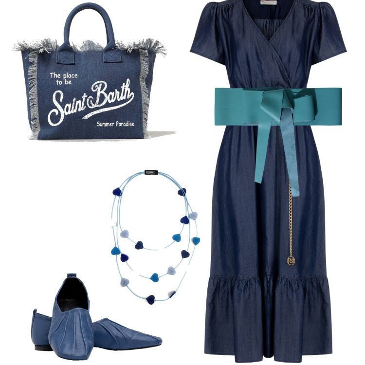 Outfit donna - Abito in jeans. Stile Boho per Tutti i giorni. Abbinamento con collane, vestiti lunghi, cinture, ballerine, borse tote.