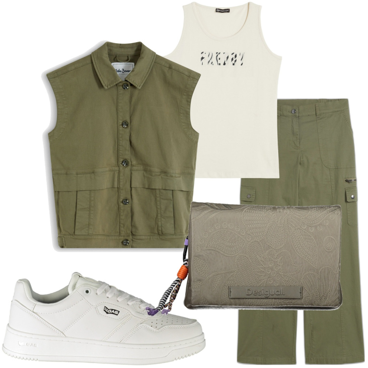 Outfit donna - Verde militare. Stile Casual per Tutti i giorni. Abbinamento con pantaloni cargo, gilet, canottiere, sneakers, collane.