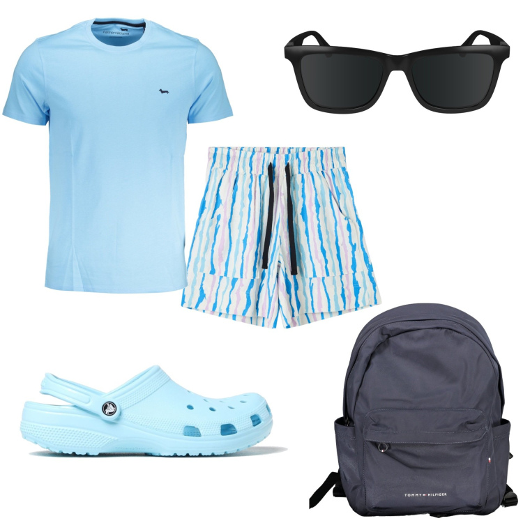Outfit uomo - Mare. Stile Trendy per Mare. Abbinamento con bermuda, t-shirt, occhiali da sole, sandali, borse sportive.