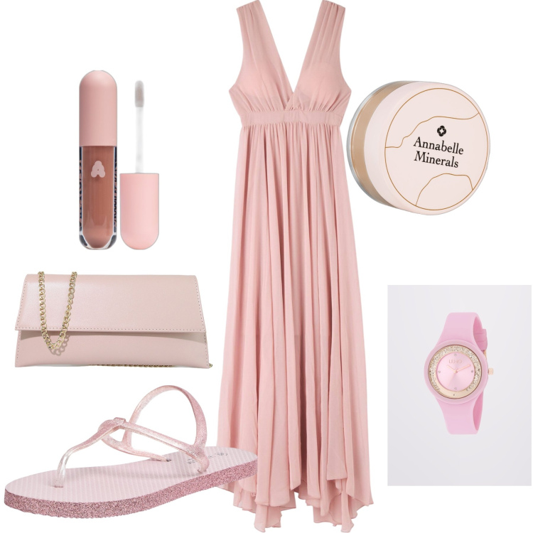 Outfit donna - Blush total look. Stile Bon Ton per Serata fuori. Abbinamento con ciprie, gloss, sandali, vestiti lunghi, pochette, orologi.