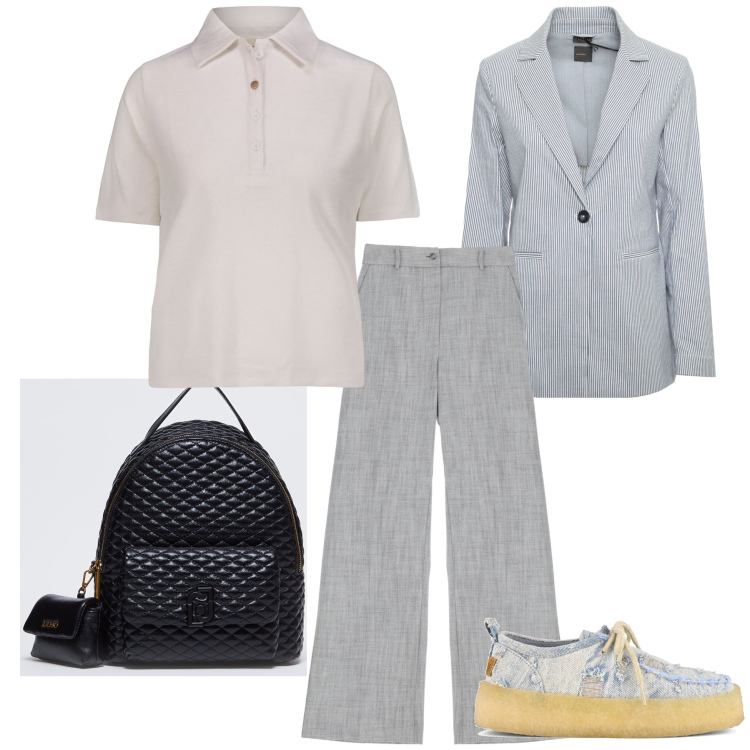 Outfit donna - Scarpa eccentrica per total look. Stile Mannish per Ufficio. Abbinamento con pantaloni, mocassini, polo, blazer, zaini.