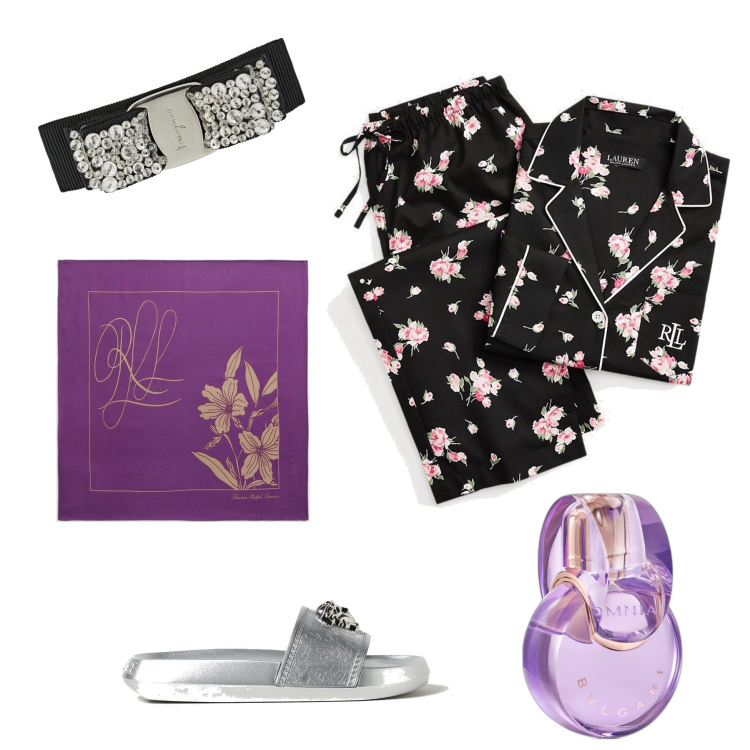 Outfit donna - Super glamour buona notte. Stile Glamour per Tutti i giorni. Abbinamento con profumi, pigiama, foulard, accessori per capelli, ciabatte.