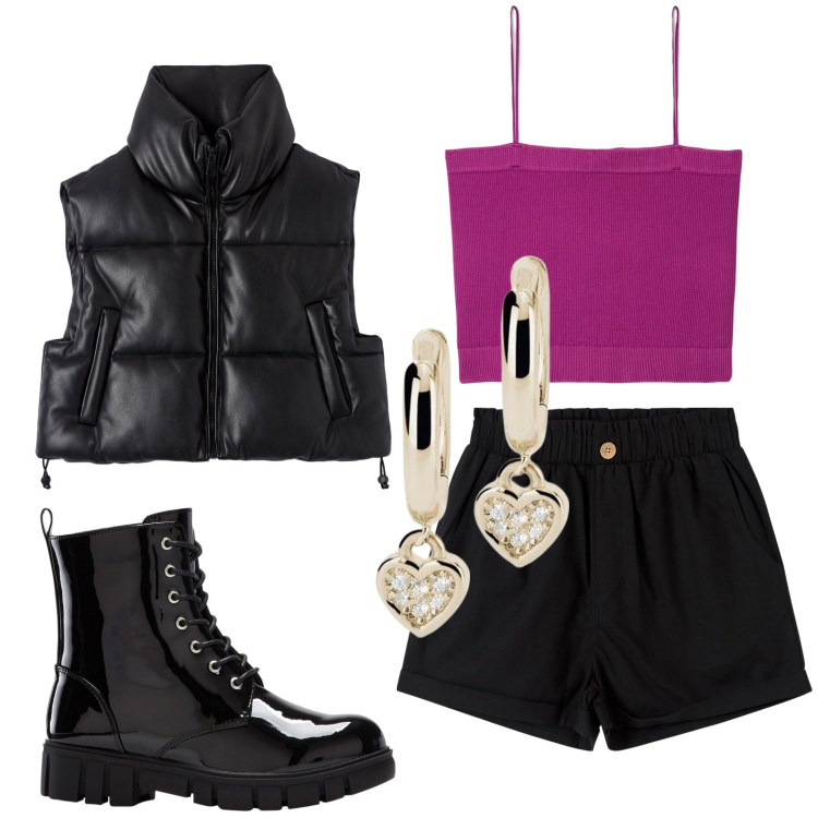 Outfit donna - Orecchini a cuore. Stile Casual per Tutti i giorni. look ideale per Petite. Abbinamento con stivaletti, pantaloni corti, piumini, canottiere, orecchini.