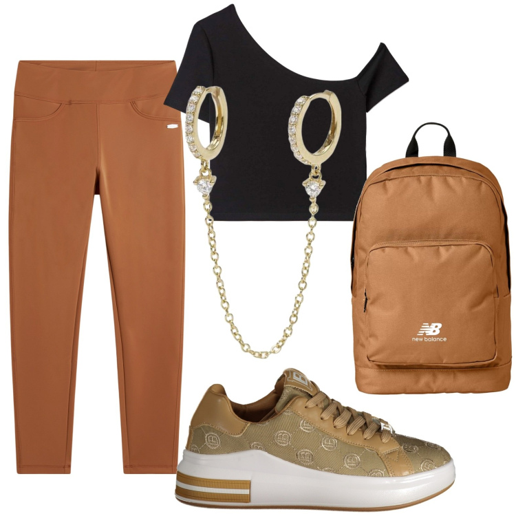 Outfit donna - Giornata sportiva. Stile Bon Ton per Sport. look ideale per Petite. Abbinamento con t-shirt, orecchini, zaini, leggings, sneakers.
