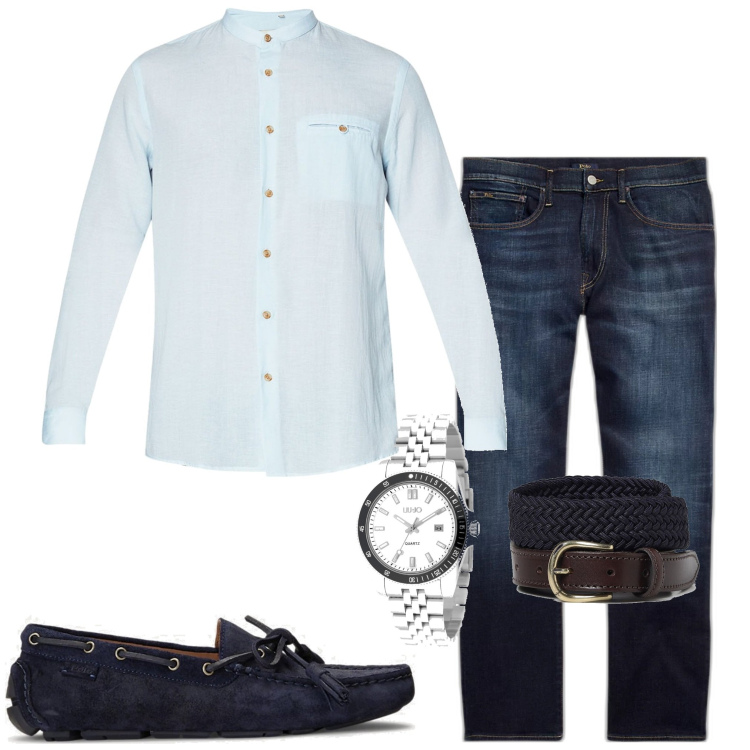 Outfit uomo - Cena con gli amici. Stile Casual per Serata speciale. Abbinamento con scarpe stringate, jeans dritti, orologi, camicie, cinture.
