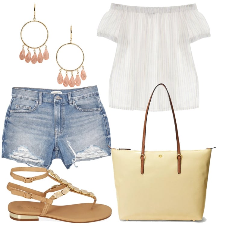 Outfit donna - Shorts in jeans. Stile Trendy per Tutti i giorni. Abbinamento con bluse, pantaloni corti, ciabatte, borse tote, orecchini.