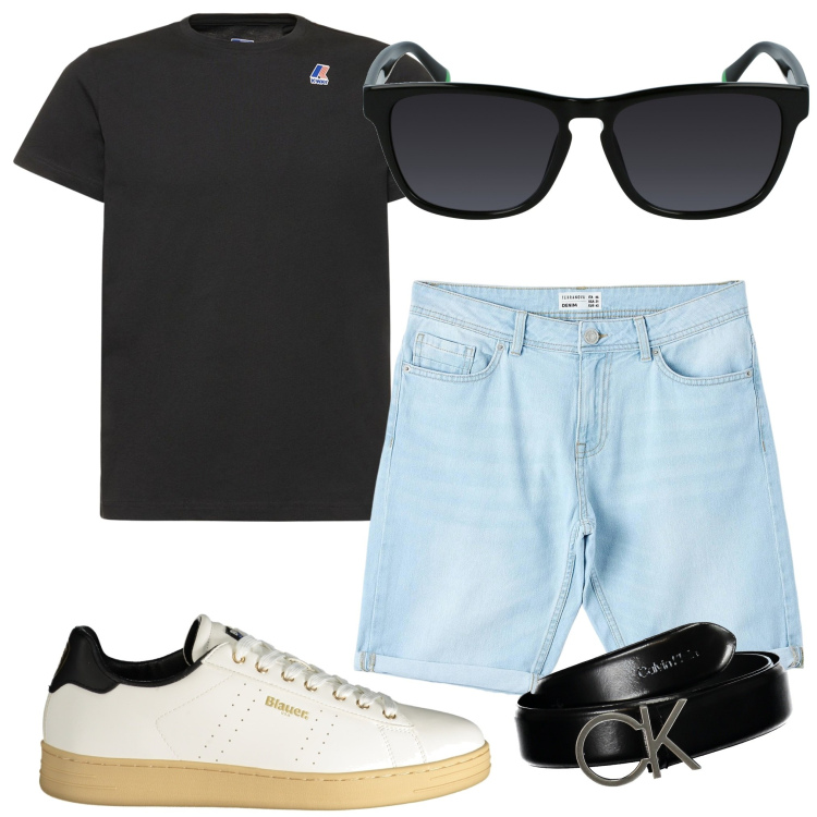 Outfit uomo - Sportivo con i bermuda. Stile Casual per Tutti i giorni. Abbinamento con bermuda, cinture, t-shirt, occhiali da sole, sneakers.
