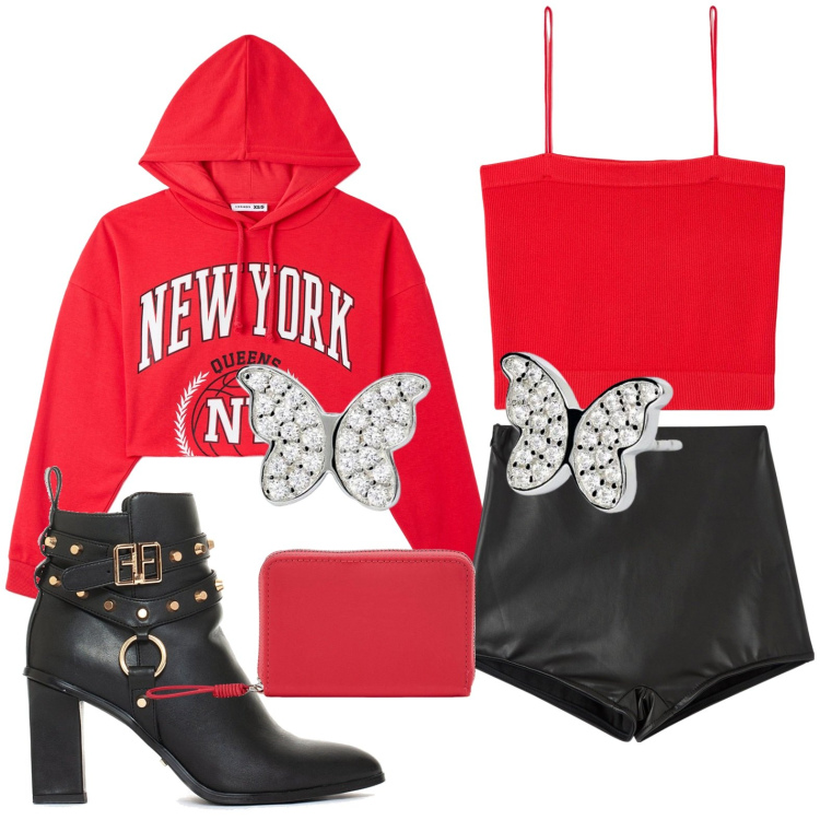 Outfit donna - Libera in mini short. Stile Casual per Tutti i giorni. look ideale per Petite. Abbinamento con top, shorts, portafogli, felpe con cappuccio, orecchini, stivaletti.