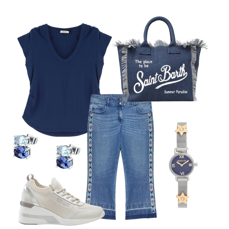 Outfit donna - Total look #1894229. Stile Casual per Ufficio. Abbinamento con sneakers, orecchini, orologi, t-shirt, jeans a zampa, borse tote.