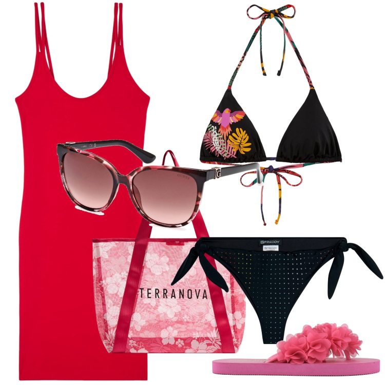 Outfit donna - Weekend al mare. Stile Bon Ton per Mare. look ideale per Petite. Abbinamento con shopping bag, vestiti, bikini, bikini, occhiali da sole, infradito.