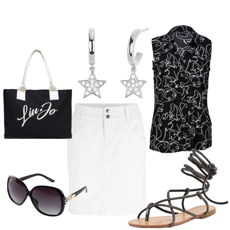 Outfit donna - Total look #1894234. Stile Casual per Tutti i giorni. Abbinamento con minigonne, occhiali da sole, camicie, sandali alla schiava, orecchini, shopping bag.