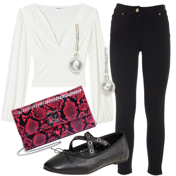 Outfit donna - Al cinema con le ballerine. Stile Bon Ton per Tutti i giorni. look ideale per Petite. Abbinamento con ballerine, t-shirt, pochette, jeans, orecchini.