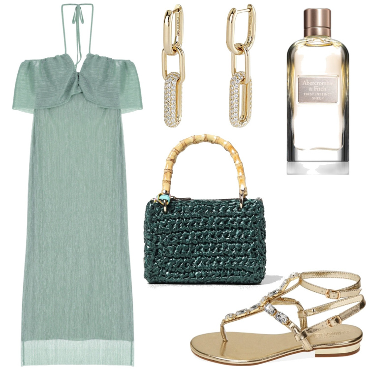 Outfit donna - Aperitivo in verde. Stile Chic per Serata fuori. Abbinamento con profumi, orecchini, ciabatte, vestiti lunghi, pochette.