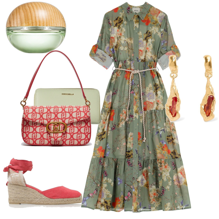 Outfit donna - Vestito a balze. Stile Minimal per Tutti i giorni. Abbinamento con profumi, vestiti lunghi, borse a tracolla, orecchini, espadrillas, portafogli.