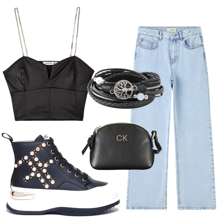 Outfit donna - Serata al luna park. Stile Bon Ton per Serata fuori. look ideale per Petite. Abbinamento con braccialetti, jeans, top, sneakers, borse a tracolla.
