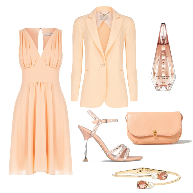 Outfit donna - Testimone di nozze in color pesca. Stile Chic per Cerimonia. Abbinamento con profumi, vestiti midi/longuette, blazer, braccialetti, sandali gioiello, clutch.