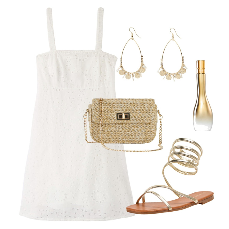 Outfit donna - White and Gold!!!. Stile Casual chic per Mare. Abbinamento con borse a mano, profumi, vestiti corti, sandali, orecchini.