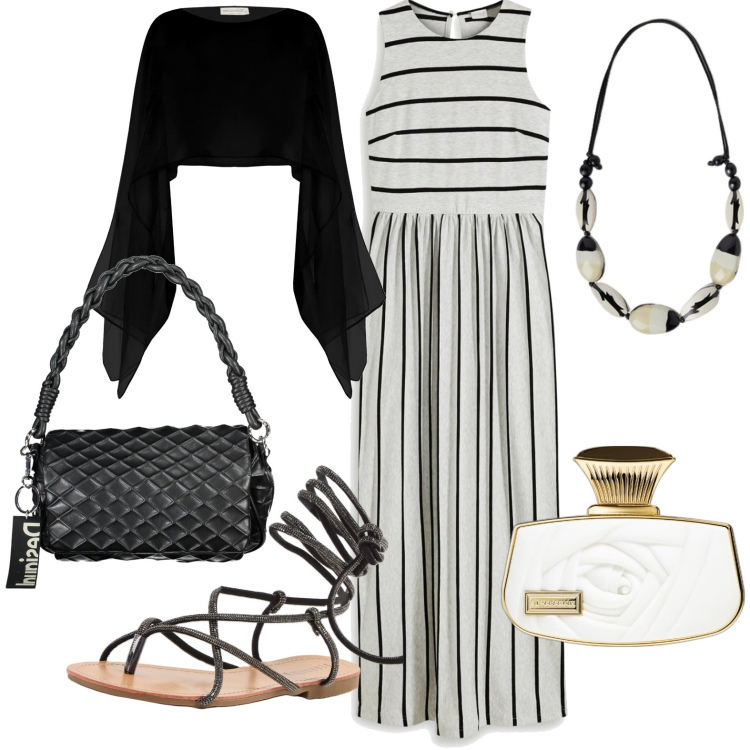 Outfit donna - Total look #1894283. Stile Casual chic per Tutti i giorni. Abbinamento con vestiti lunghi, profumi, sandali alla schiava, stole, borse a spalla, collane.