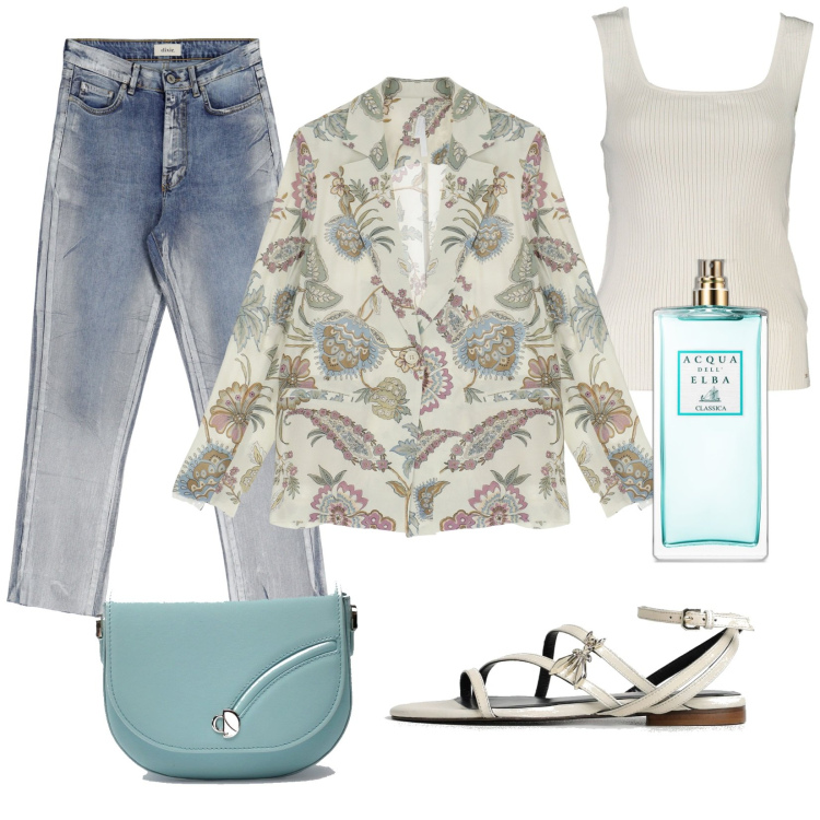Outfit donna - Total look #1894294. Stile Casual chic per Tutti i giorni. Abbinamento con profumi, blazer, jeans slim fit, sandali in pelle, borse a tracolla, canottiere.