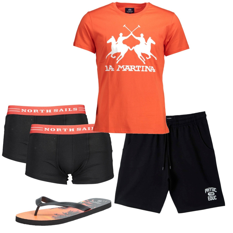 Outfit uomo - A casa in relax. Stile Casual per Tutti i giorni. Abbinamento con sandali, pantaloni corti, t-shirt, boxer.