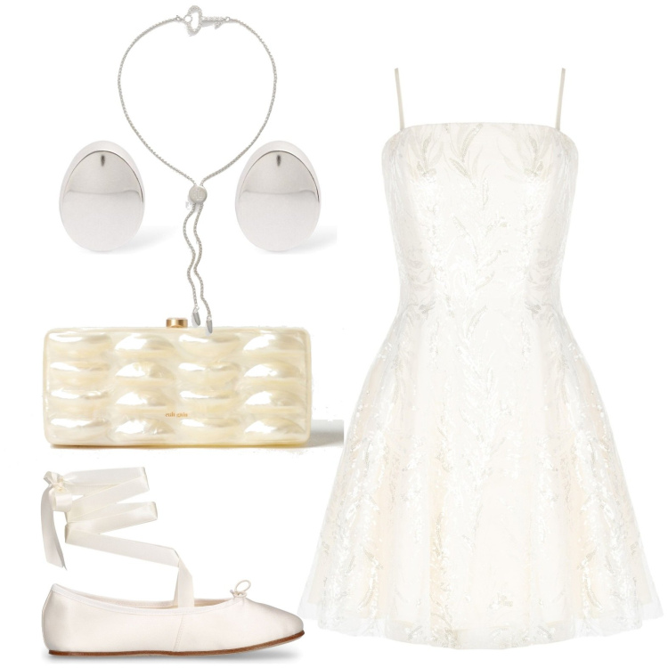 Outfit donna - Serata. Stile Chic per Serata fuori. Abbinamento con vestiti corti, braccialetti, clutch, ballerine, orecchini.