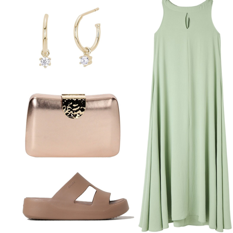 Outfit donna - Vestito lungo per la sera. Stile Bon Ton per Serata fuori. look ideale per Petite. Abbinamento con vestiti senza maniche, orecchini, clutch, sandali.