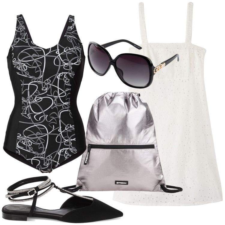 Outfit donna - Relax al mare. Stile Casual per Mare. look ideale per Petite. Abbinamento con occhiali da sole, costumi interi, vestiti corti, zaini, ballerine.