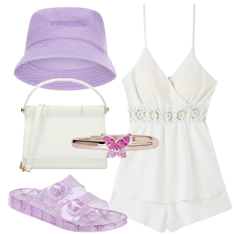 Outfit donna - Costiera Amalfitana. Stile Casual per Mare. look ideale per Petite. Abbinamento con tuta corta, ciabatte, anelli, cappelli, pochette.