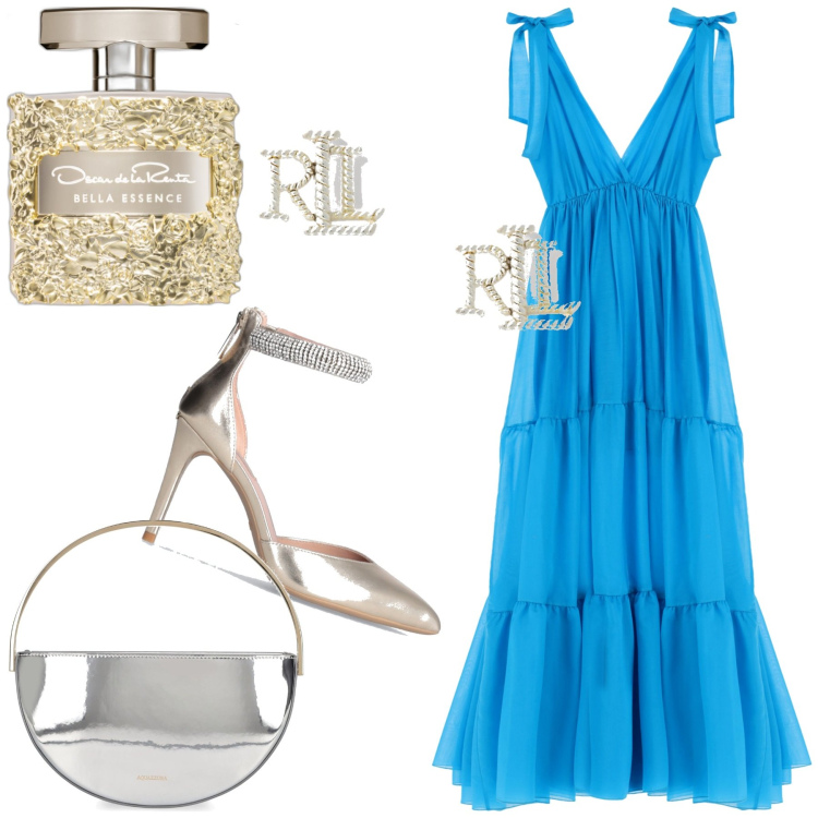 Outfit donna - Total look #1894331. Stile Chic per Serata fuori. Abbinamento con profumi, vestiti lunghi, orecchini, décolleté, pochette.