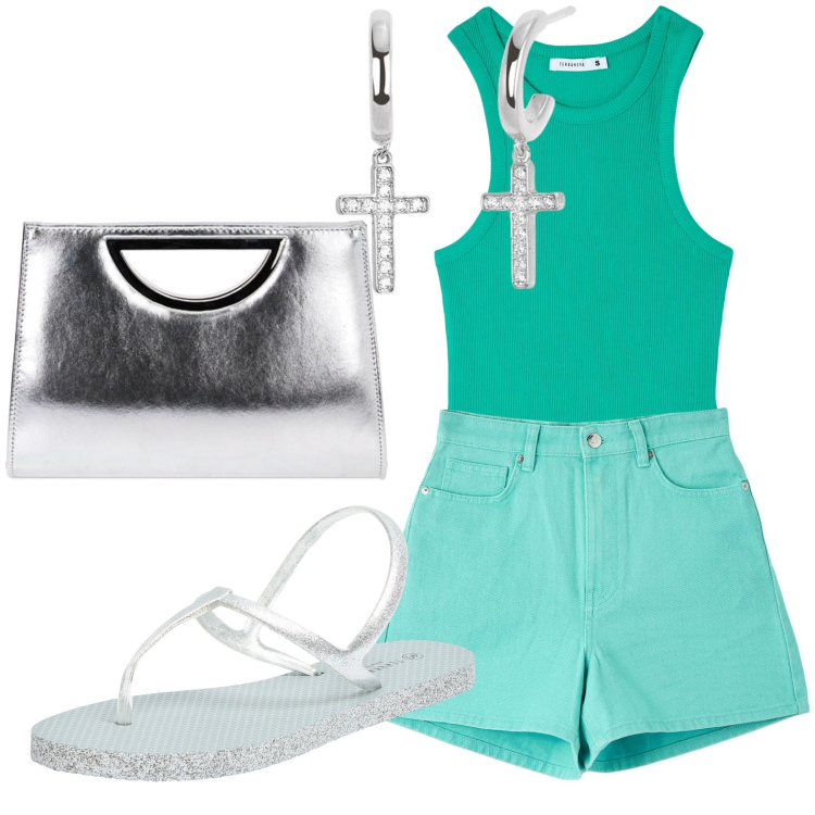 Outfit donna - In verde. Stile Casual per Tutti i giorni. look ideale per Petite. Abbinamento con sandali, shorts, canottiere, orecchini, pochette.