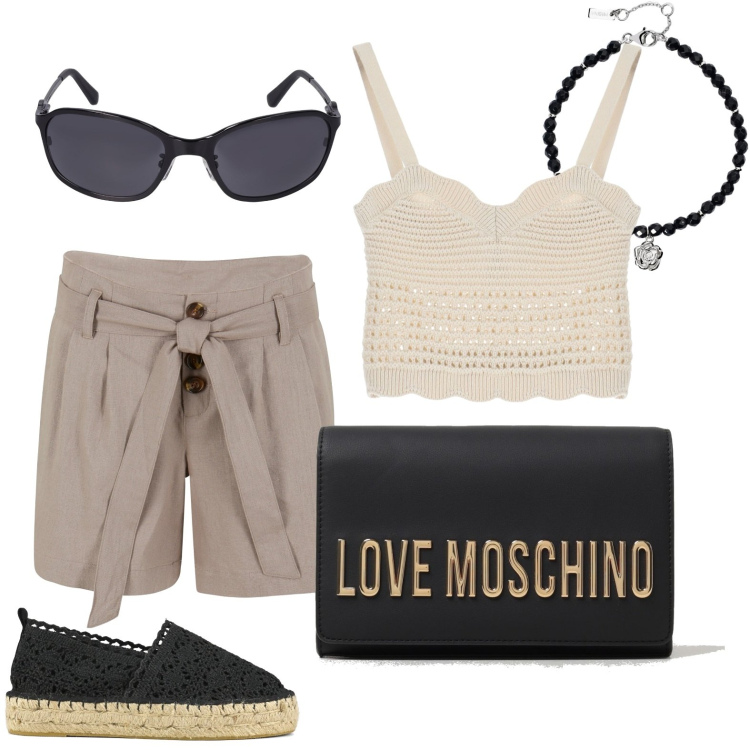 Outfit donna - Il top crochet. Stile Casual chic per Tutti i giorni. Abbinamento con shorts, braccialetti, top, espadrillas, borse a tracolla, occhiali da sole.