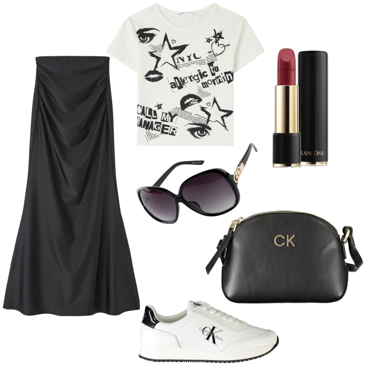 Outfit donna - In città very cool. Stile Trendy per Tutti i giorni. Abbinamento con occhiali da sole, rossetti, gonne lunghe, t-shirt, sneakers, borse a tracolla.