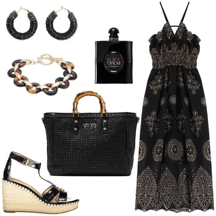 Outfit donna - Ricami. Stile Boho per Tutti i giorni. Abbinamento con profumi, braccialetti, vestiti lunghi, sandali, borse a mano, orecchini.