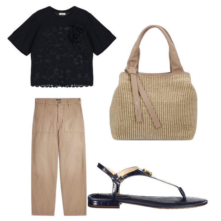 Outfit donna - Aperitivo. Stile Trendy per Tutti i giorni. Abbinamento con t-shirt, pantaloni, borse a mano, infradito.