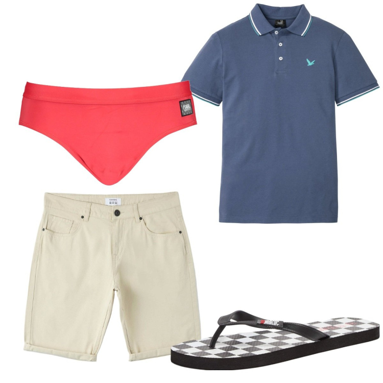 Outfit uomo - Total look #1894386. Stile Trendy per Mare. Abbinamento con polo, sandali, pantaloni, costumi.