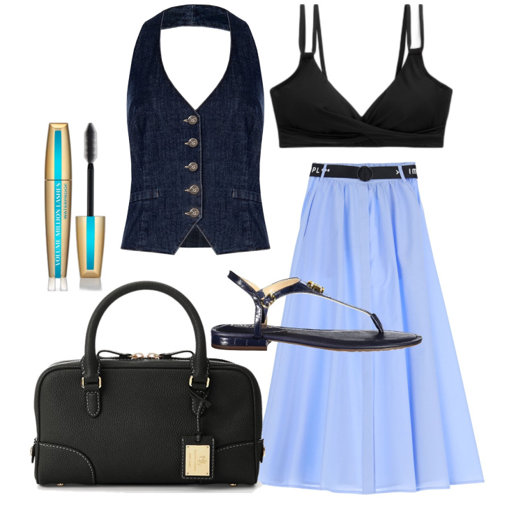 Outfit donna - Ghost outfitter - giugno. Stile Glamour per Tutti i giorni. Abbinamento con mascara, gilet, gonne lunghe, borse a mano, top, infradito.