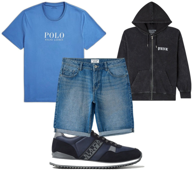 Outfit uomo - Total look #1894396. Stile Trendy per Tutti i giorni. Abbinamento con bermuda, felpe con cappuccio, t-shirt, sneakers.