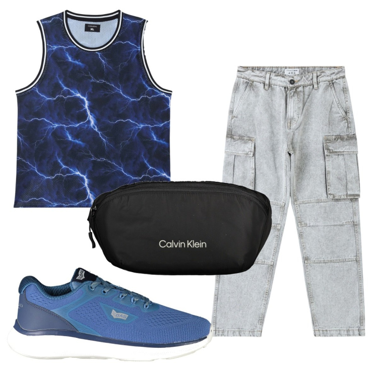 Outfit uomo - Total look #1894409. Stile Trendy per Tutti i giorni. Abbinamento con jeans, canottiere, borse sportive, sneakers.