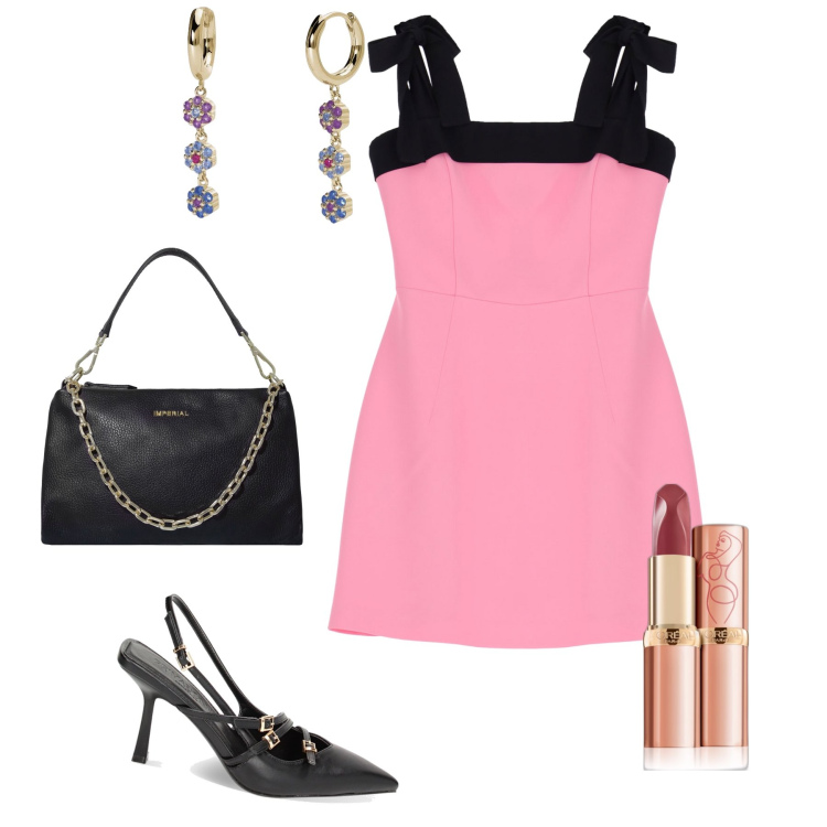 Outfit donna - Serata sognante. Stile Chic per Serata fuori. Abbinamento con rossetti, orecchini, vestiti corti, pochette, décolleté.