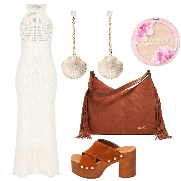 Outfit donna - Total look #1894447. Stile Boho per Serata fuori. Abbinamento con ciprie, vestiti lunghi, sandali col tacco, orecchini, borse a spalla.