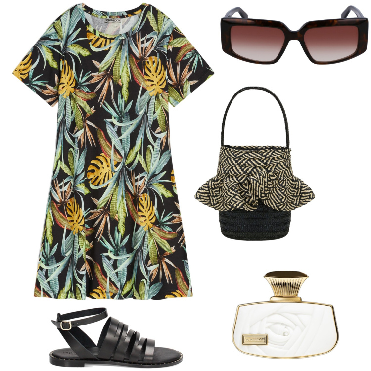 Outfit donna - Caffè al bar. Stile Urban per Tutti i giorni. Abbinamento con profumi, sandali in pelle, vestiti, borse a secchiello, occhiali da sole.