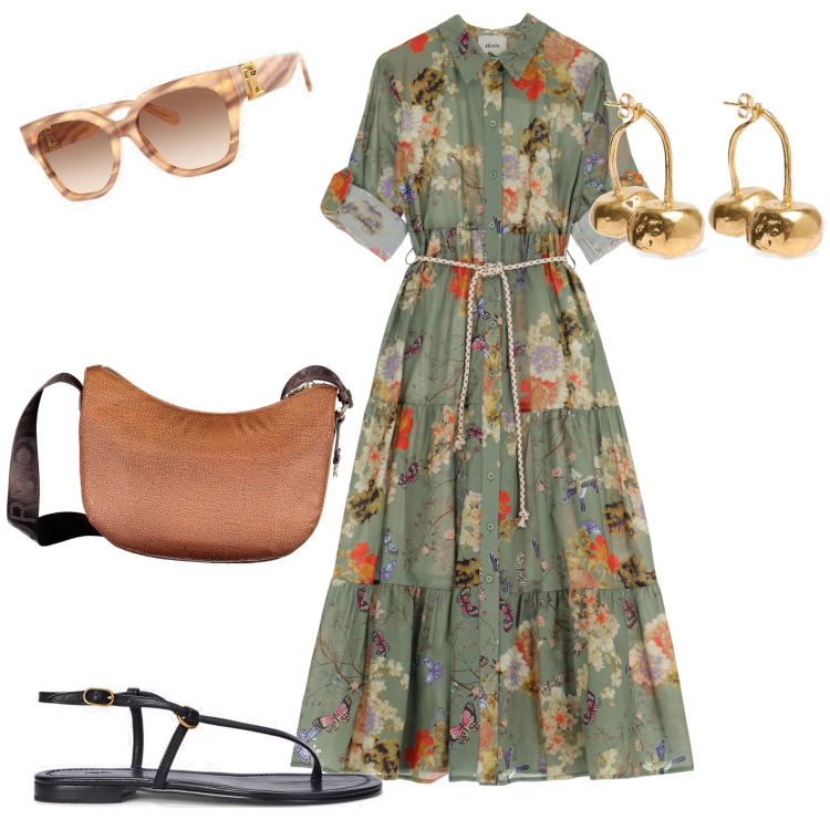 Outfit donna - City. Stile Bon Ton per Tutti i giorni. Abbinamento con vestiti lunghi, sandali in pelle, occhiali da sole, borse a tracolla, orecchini.
