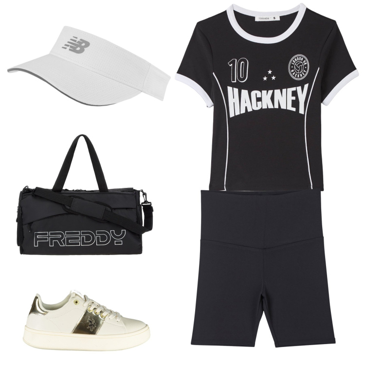 Outfit donna - Verso la palestra. Stile Sporty chic per Sport. Abbinamento con pantaloncini sportivi, t-shirt sportive, cappelli con visiera, borse sportive, scarpe sportive.
