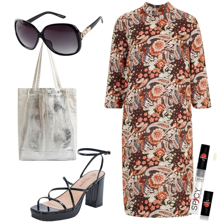 Outfit donna - Risparmioso total look. Stile Urban per Tutti i giorni. Abbinamento con occhiali da sole, vestiti midi/longuette, gloss, sandali in pelle, shopping bag.