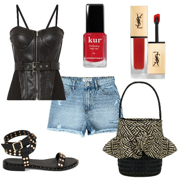 Outfit donna - Total look #1894470. Stile Rock per Serata fuori. Abbinamento con top, smalti, rossetti, shorts, sandali, borse a secchiello.
