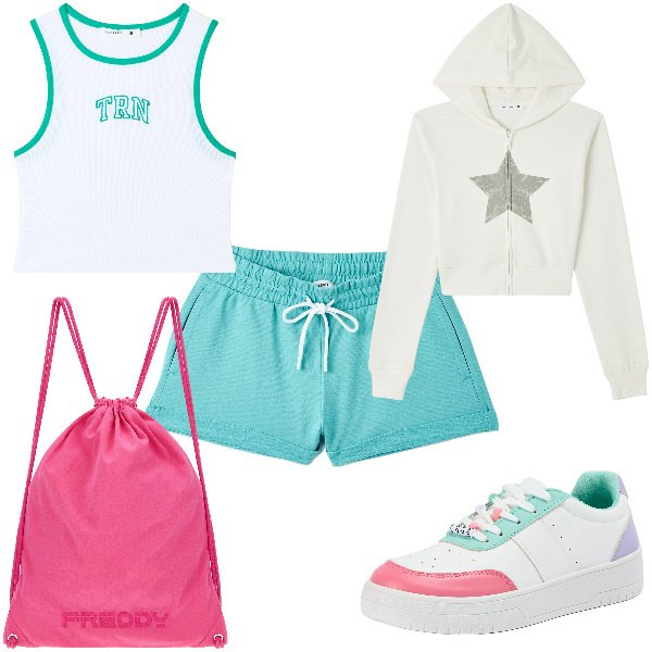 Outfit donna - Total look #1894471. Stile Urban per Tutti i giorni. Abbinamento con canottiere, sneakers, pantaloni corti, felpe con cappuccio, zaini.