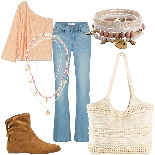 Outfit donna - Total look #1894472. Stile Boho per Tutti i giorni. Abbinamento con braccialetti, jeans bootcut, shopping bag, bluse, ciondoli, stivaletti.