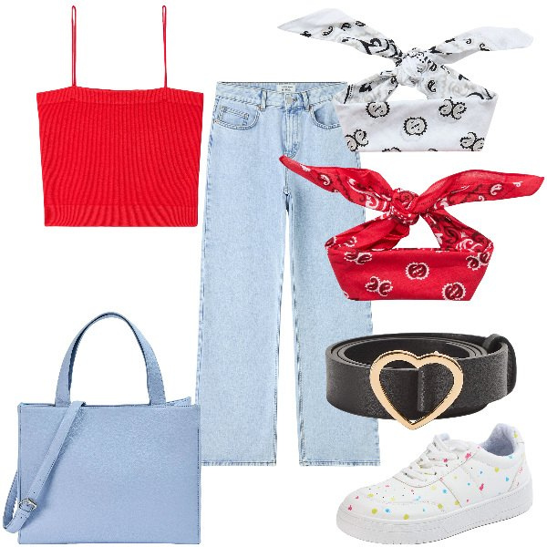 Outfit donna - Total look #1894473. Stile Basic per Tutti i giorni. Abbinamento con jeans, top, sneakers, shopping bag, cinture, fasce per capelli.